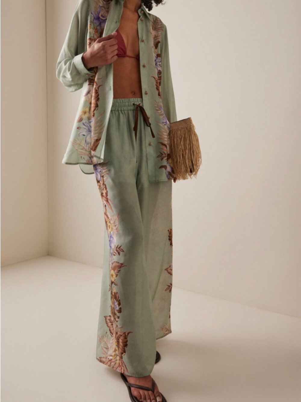 Zimmermann Sage Green Floral Wide-Leg Lounge Pants